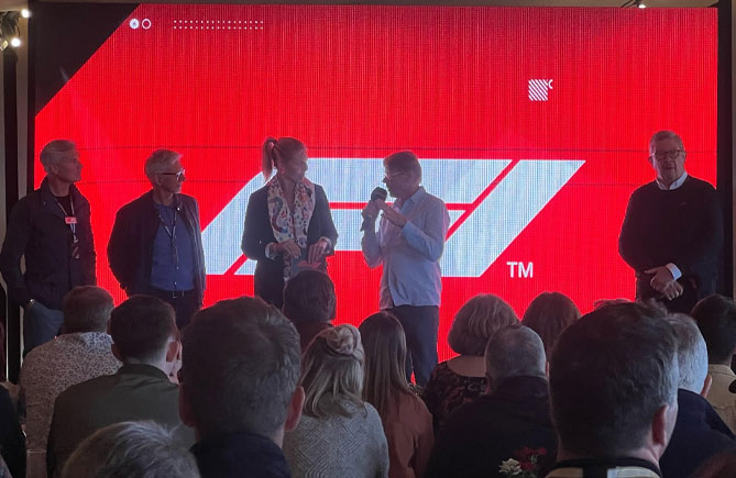 David Coulthard, Damon Hill, the host, Mika Hakkinen and F1 boss Ross Brawn